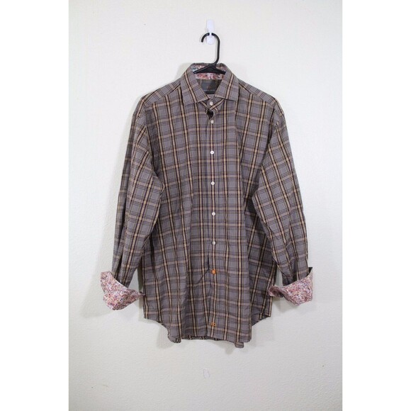 Thomas Dean Men's size L L/S Button-Front purple yellow Plaid Flip Cuff paisley - Picture 4 of 8